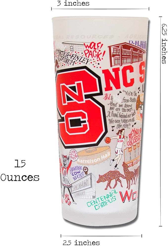 Catstudio Drinking Glass, North Carolina State University Glass Cup for Kitchen, 15oz Dishwasher Safe Tumbler for NCSU Alumni