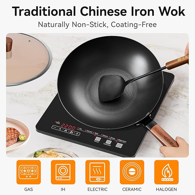 WANGYUANJI Iron Wok 12.6 inches,Wooden Handle Chinese Iron Pot Carbon Steel Wok Non-Coated Stir Fry Pan,Suitable for Home Cooking, Compatible with Induction, Gas, and Electric Ceramic Cooktops