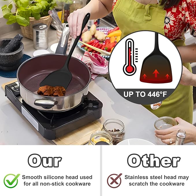 TeamFar Silicone Spatulas, 2pcs Solid & Slotted Cooking Turner for Non-stick Cookware, Kitchen Utensils for Flipping/Frying, Healthy & Seamless, Heat-Resistant & Non-Scratch, Dishwasher Safe, Black