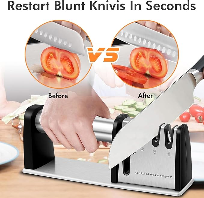 Kitchen Knife Sharpener – 4-in-1 Knife Sharpening System for Scissors, Knives, Blades – Sharpening Tool with Ergonomic Handle and Anti-Slip Base – Tungsten Steel Blade Sharpener