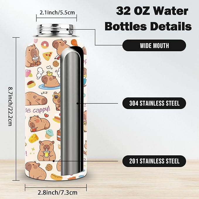 Capybara Gifts, 32 oz Insulated Water Bottle, Stainless Steel Water Bottles, Sports Travel Bottles, Cute Capybara Cups Gifts for Girls Women Capybara Lovers (1pcs)