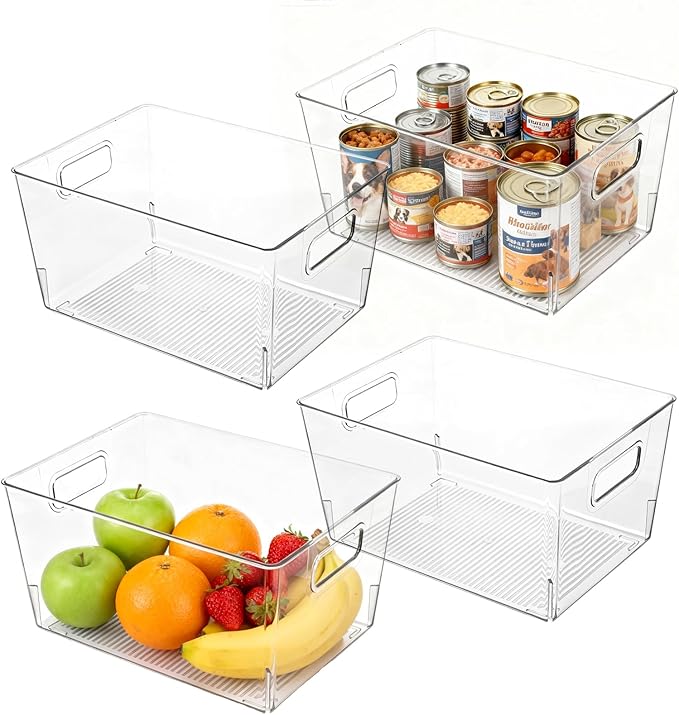MOONEDGE 6 Pack Large Plastic Storage Bins, 11"x8"x6" Food-Grade Clear Containers Safe for Direct Food Contact, Pantry Storage for Kitchen, Fridge & Freezer, Versatile Organizers for Closet & Home