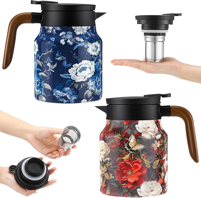 LemonRoad 2 Pcs Vintage Floral Pattern Tea Pot, Vintage Teapot with Infuser, Floral Pattern Tea Pot with Lid, Wooden Handle Thermal Carafe for Hot Drinks Coffee(Red, Blue)