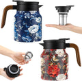 LemonRoad 2 Pcs Vintage Floral Pattern Tea Pot, Vintage Teapot with Infuser, Floral Pattern Tea Pot with Lid, Wooden Handle Thermal Carafe for Hot Drinks Coffee(Red, Blue)