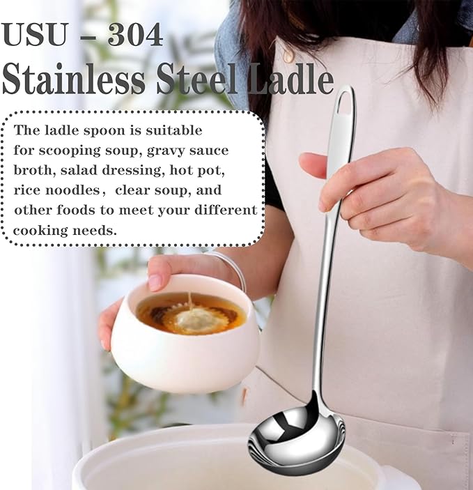 Soup Ladle 304 Stainless Steel 12.2Inch Metal Ladle, Extra Large Soup Spoon with Long Handle for Serving, Cooking, Stirring, Serving Soups, Silver
