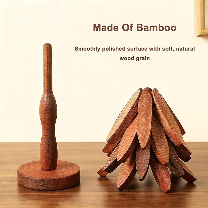 Natural Tree Trivet Set - Natural Foldable Kitchen Trivets, Handmade Wooden Hot Pad Holder for Plates, Pots, Pans, Cup, Kitchen Dining Table Protection (Wood, S)