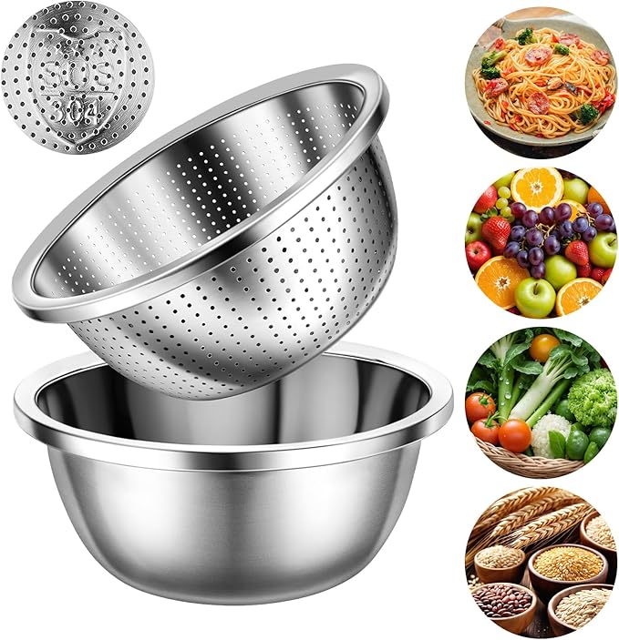 304 Stainless Steel Microporous Colander Set - 3QT Large Capacity Kitchen Strainer, Dishwasher Safe for Vegetable/Fruit/Rice Washing & Cooked Pasta Draining （2PC)