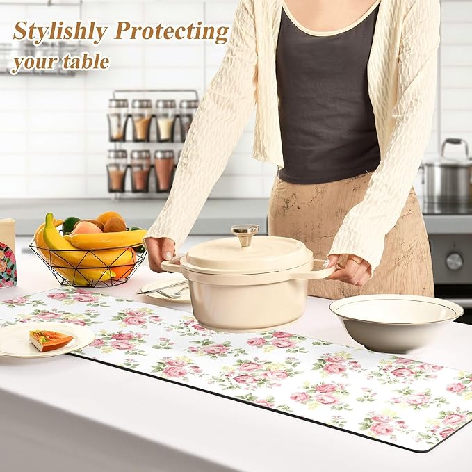 senya Flower Trivet Table Runner 40 Inches Long Pink Rose Flower Floral Heat Resistant Hot Pad Multi Purpose Mat for for Hot Pots Pans Kitchen Countertops, B01C23045