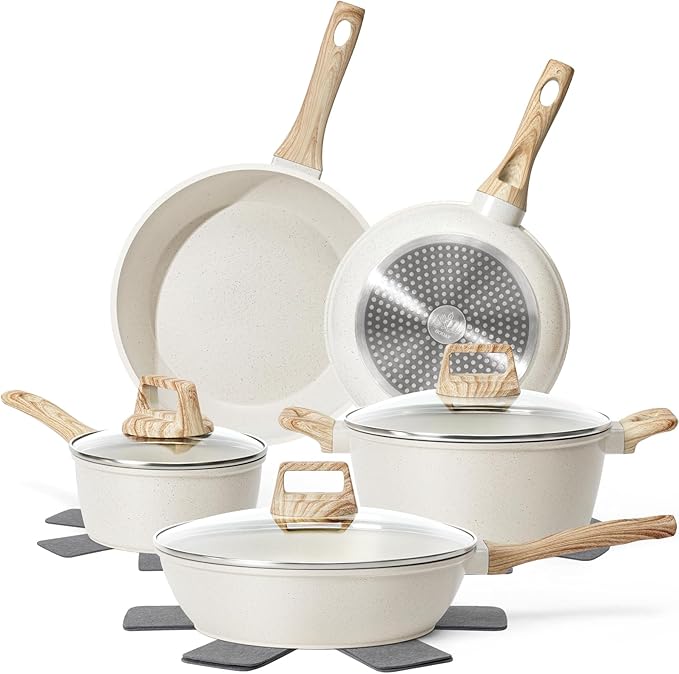 12Pcs Non-Stick Pots and Pans Set, White Granite Induction Cookware Set, Non-Toxic Healthy NonStick Kitchen Cooking Set with Pans Set, Soup Pot (No PFAS/PFOA/PFOS)