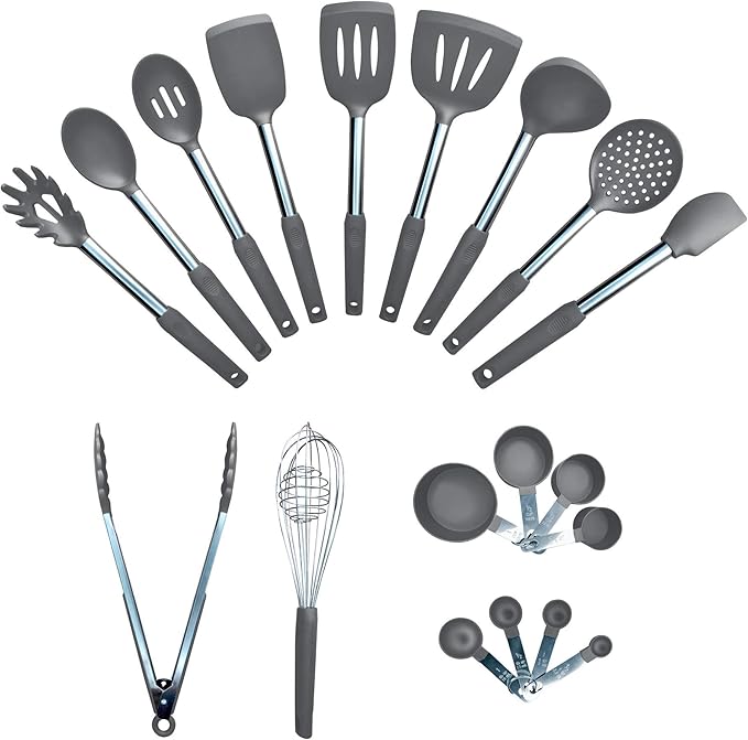 Home & Kitchen Essentials Cooking Utensils Set - Non Stick Silicone Kitchen Utensils Set - Stainless Steel Handles, Heat Resistant, BPA Free, and Dishwasher Safe (Gray, 19 Pieces)
