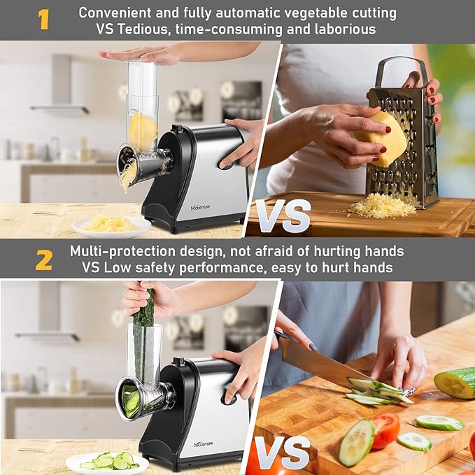 Electric Cheese Grater for Block Cheese, 5 Different Shapes of Blades for Slicing/Shredding/Grating, 250W Automatic Cheese Shredder Vegetable Slicer with One-Touch Control for Fruits, Nuts