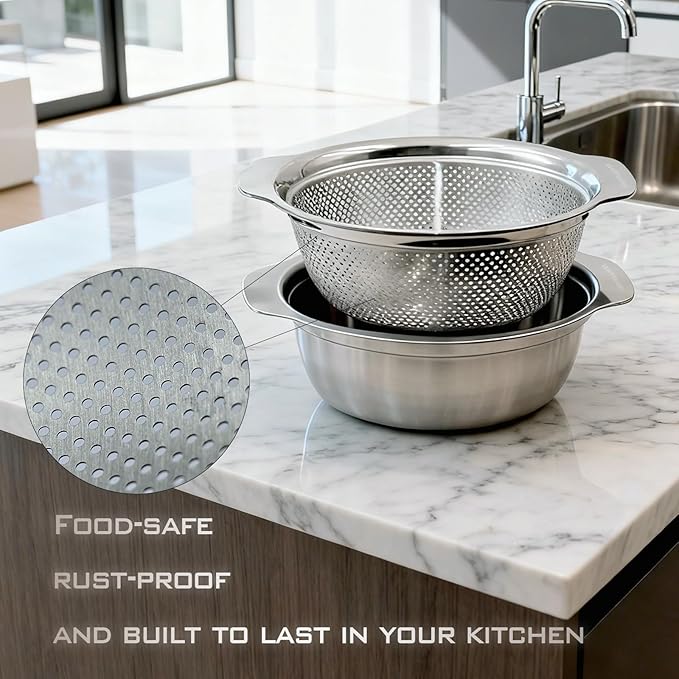 2PCS 3.5-Quart Kitchen Strainer Colander Made of 304 Stainless Steel with Handle Ideal for washing fruits, vegetables, and pasta Easy to clean