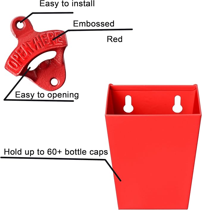 Red Cast Iron Beer Bottle Cap Opener Wall Mounted Soda Opener with Cap Catcher Bucket Narrow Bundle