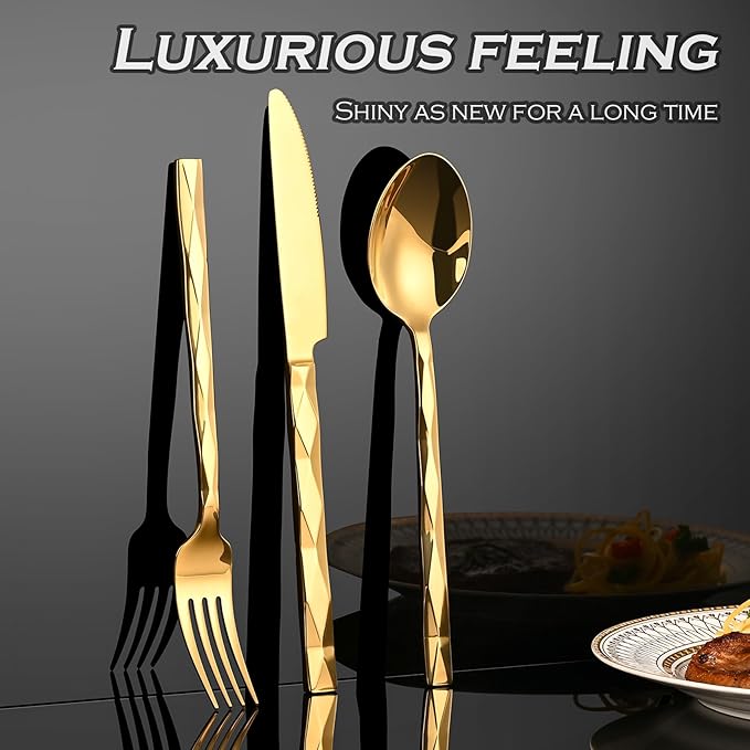 Gold Silverware Set, Luxury 30-Piece Flatware Set for 6, Cutlery Set Stainless Steel, Diamond Cut Pattern, Home, Wedding & Party, 18/10 Stainless Steel Tablewaret & Dishwasher Safe Utensils.