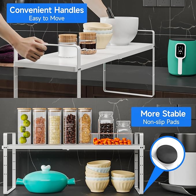 Expandable Cabinet Shelf Organizer, Stackable Kitchen Pantry Counter Storage, Adjustable Closet Cupboard Stand Rack Risers Spice Organization 80LBS Heavy Duty White Large 2 Pack