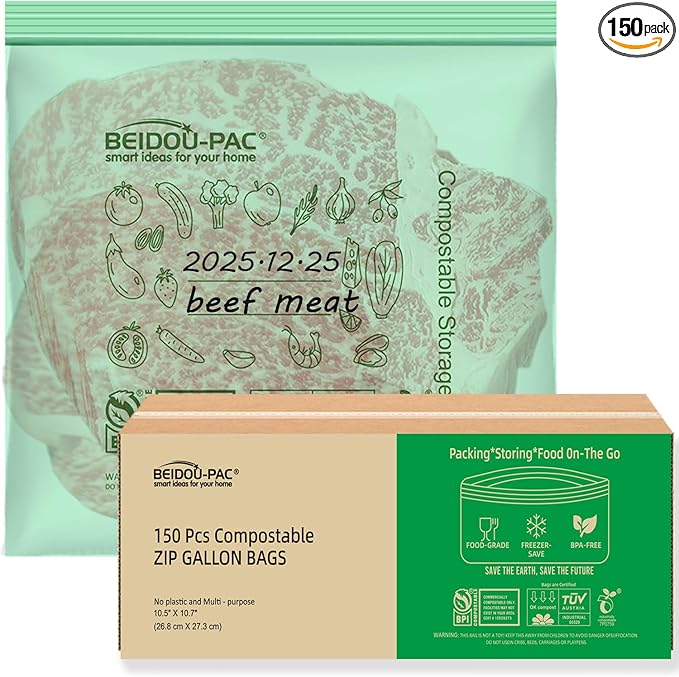 Compostable Gallon Food Storage Freezer Bags, 150 Count | 2 Mil | 10.5" * 10.7", Freshness Easy Open Biodegradable Eco-Friendly Reclosable Compost Zippper Bags