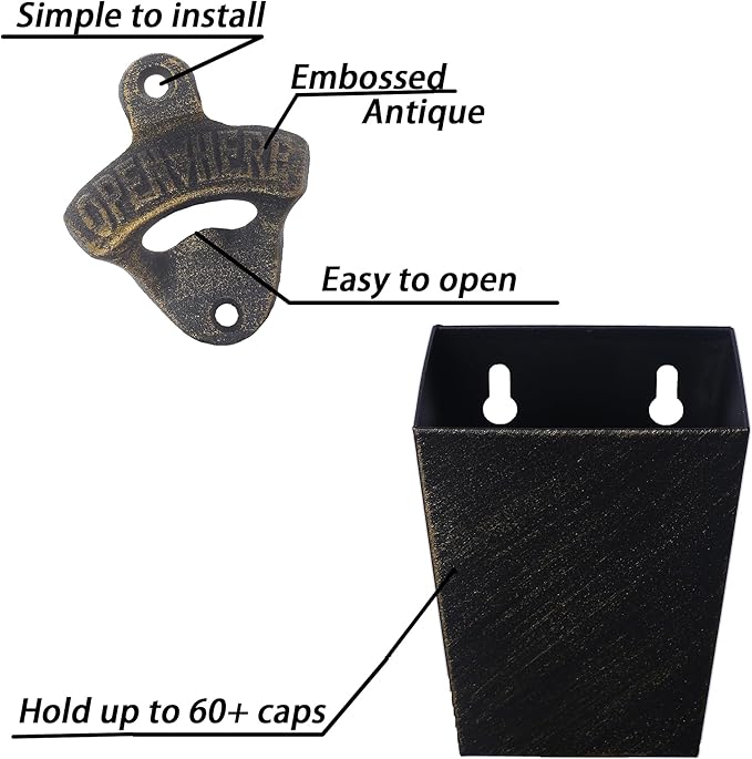 Antique Bronze Cast Iron Bottle Opener Wall Mounted Beer Opener with Cap Catcher Narrow Bundle