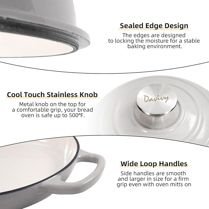 Davivy 5.5QT Enameled Cast Iron Dutch Oven, 10" Round Bread Dutch Oven, Sourdough Bread Baking Pan, Enameled Cast Iron Bread Oven, with Silicone Oven Mitts - Light Grey