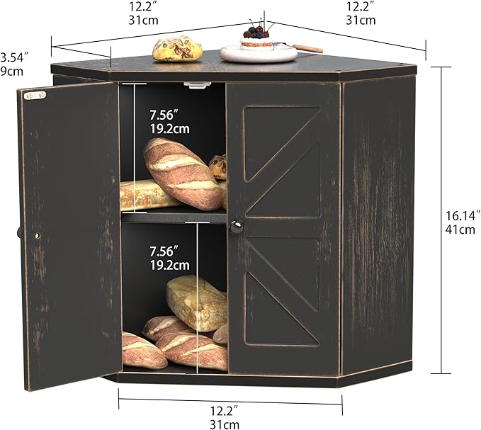 Corner Bread Box for Kitchen Countertop, Storage Container for Homemade Bread, Double Layer BreadBox, Large Capacity Bread Storage Bin, Vintage Farmhouse Breadbox Organizer,Antique Black