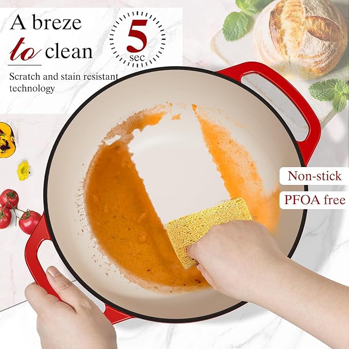 Umite Chef 6QT Enameled Cast Iron Dutch Oven with Lid, Versatile Heavy-Duty Cookware Pot for Baking Bread, Braising, Soups & Stews, Oven & Stovetop Safe with Heat Resistant Gloves（Red）