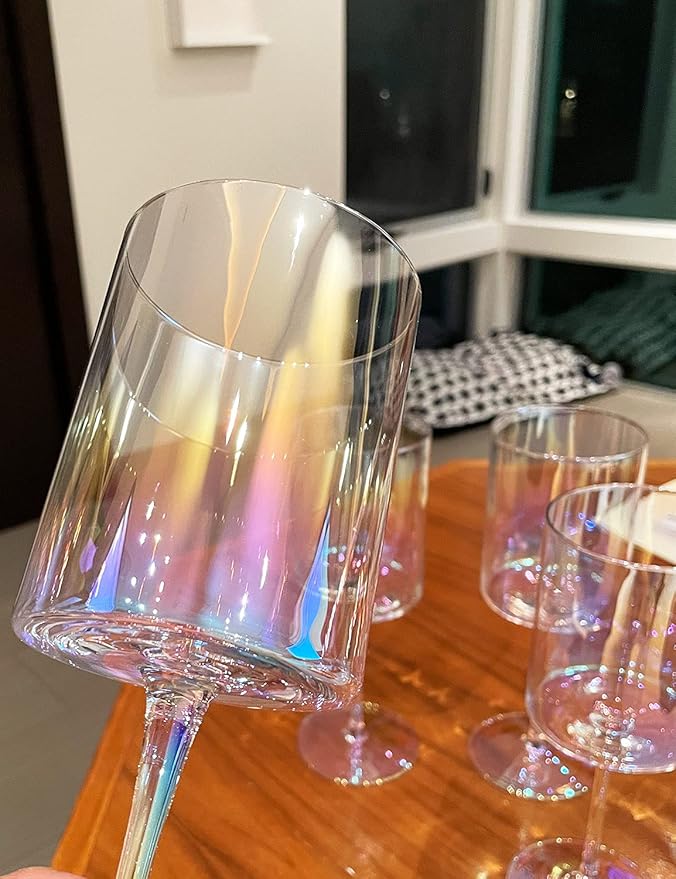 Iridescent Wine Glasses Set of 2-16oz Cylindrical Red White Wine Glass, Made from Lead-Free Premium Crystal, Great Gift for Wedding, Anniversary, Christmas, Birthday, 9’’ Tall, Clear