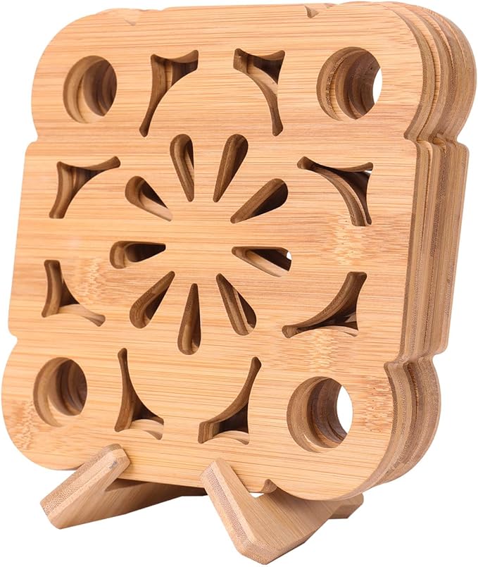 Premium Bamboo Wood Pot Holders for Kitchen - Set of 4 Sturdy Heat-Resistant Pads & trivets for hot Dishes, pots 、 Pans 、teapot(7.4x7.4 inches) with Handy Storage Stan