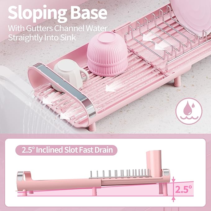 TOOLF Small Dish Drying Rack, Mini Expandable Compact Dish Rack, Slim Extendable Stainless Steel Dish Drainer for Kitchen Plate Storage, Space Saving Dish Strainer in Sink or on Home Countertop, Pink