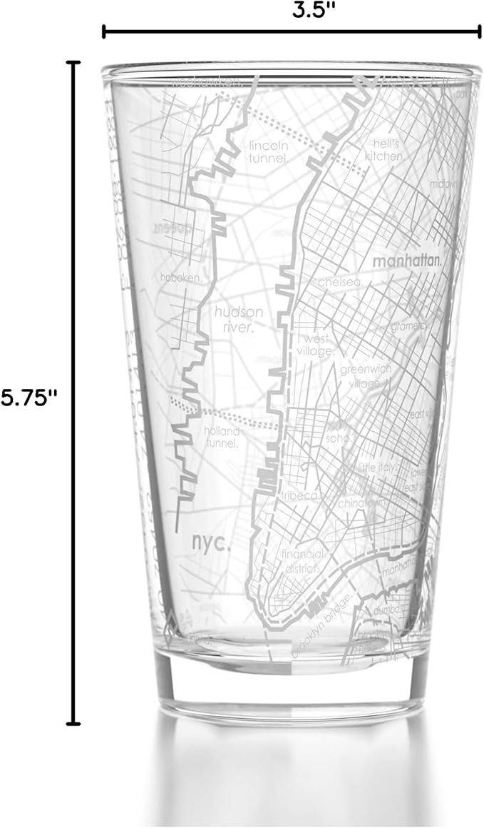 Well Told 16 oz Clear Glass New York City Map Pint Glass, Engraved Beer Glass, Gift