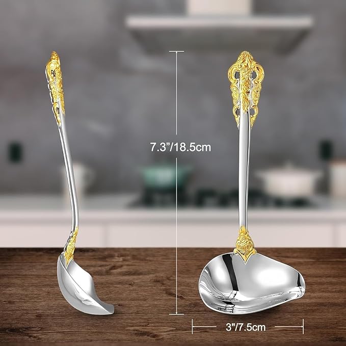 KEAWELL Luxury 7.3" Sauce Ladle, 18/10 Stainless Steel, Gold Accent, Small Gravy Spoon for Home. Solid and Sturdy, Dishwasher Safe (1)