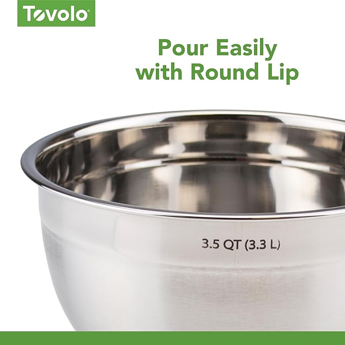Tovolo Stainless Steel Mixing Bowls, 3.5 Qt - Metal Nesting Mixing Bowl with Rounded Lip for Easy Pour & Minimal Mess - Large & Small Dishwasher Safe Kitchen Supplies for Prep & Cooking