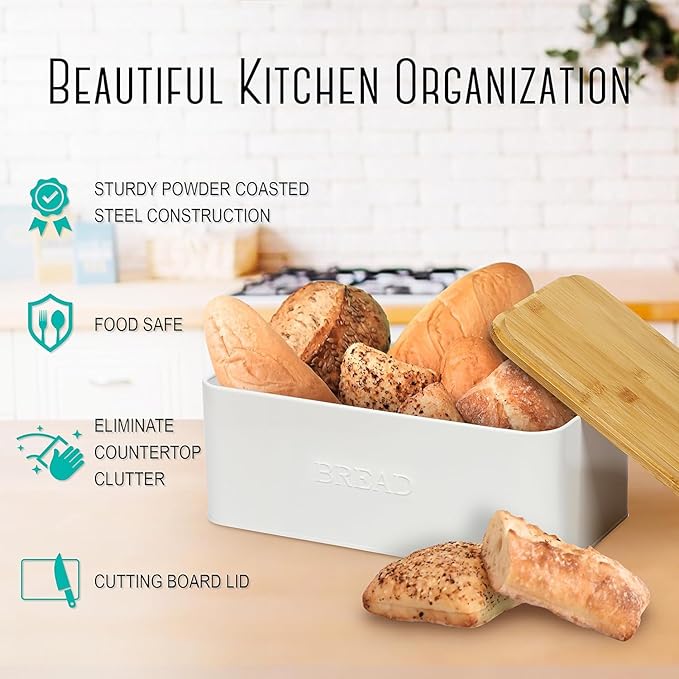 OUTSHINE White Bread Box for Kitchen Countertop, Small Storage Container with Bamboo Lid, Modern Kitchen Organizer for Sourdough, Buns, and Loaves, Bread Storage with Cutting Board Lid