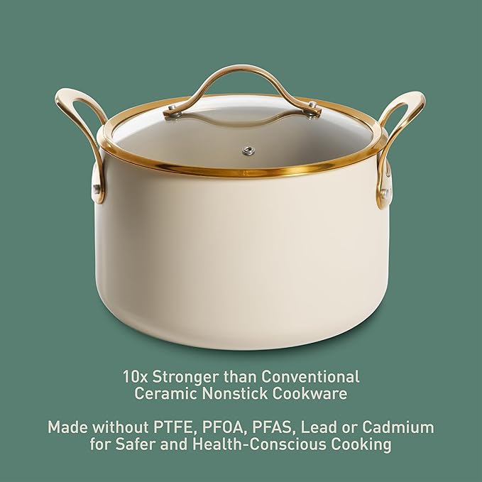 bloomhouse - Two Time Oprah's Favorite Things Winner - 8 Quart Heavy Duty Aluminum Premium PFA Free Ceramic Nonstick Dutch Oven Pot with Lid - Almond Cream w/Gold Handle