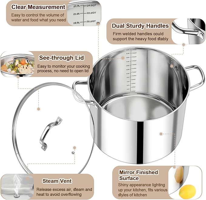 P&P CHEF 24 QT Stock Pot with Lid, Stainless Steel Large Cooking Pot, Soup Canning Stockpot for Stewing Simmering, Tri-ply Bottom for All Stoves, Heavy-Duty &Dishwasher Safe & Food-Grade