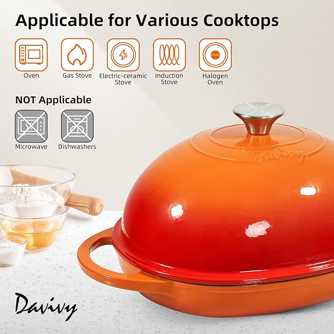 Davivy 6QT Oval Sourdough Bread Dutch Oven with Silicone Oven Mitts, Cast Iron Bread Pan Sourdough Pan with Lid, Enameled Cast Iron Bread Cloche Dutch Oven- Flame Orange
