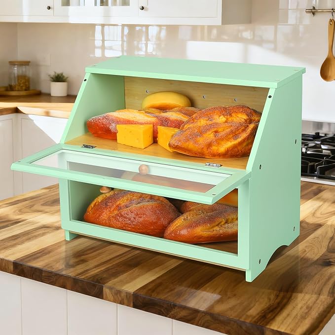 HOMEKOKO Double Layer Large Bread Box for Kitchen Counter, Wooden Large Capacity Bread Storage Bin (Mint Green)