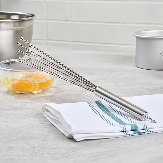 Restaurantware 12.5 in Stainless Steel Ball Whisk - German Standard Egg Beater with Ergonomic Handle, Dishwasher Safe - Manual Mixer Cooking Whisk for Baking, Stirring, Sauces, Beating