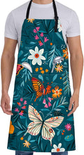 Butterfly Apron for Women with Floral,28x33in,Colorful Kitchen Teal Aprons with 2 Pockets,Oxford Fabric,Flower Adjustable Apron for Cooking Baking Gardening Chef,Gifts for Men Mom Wife