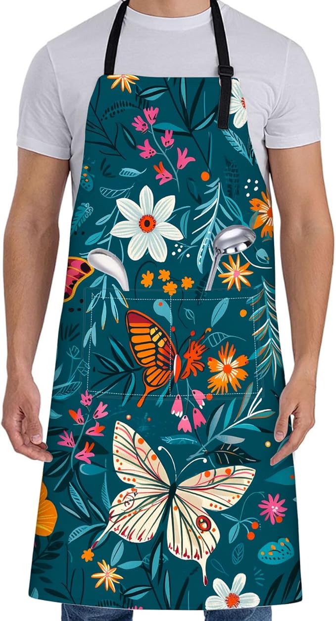Butterfly Apron for Women with Floral,28x33in,Colorful Kitchen Teal Aprons with 2 Pockets,Oxford Fabric,Flower Adjustable Apron for Cooking Baking Gardening Chef,Gifts for Men Mom Wife