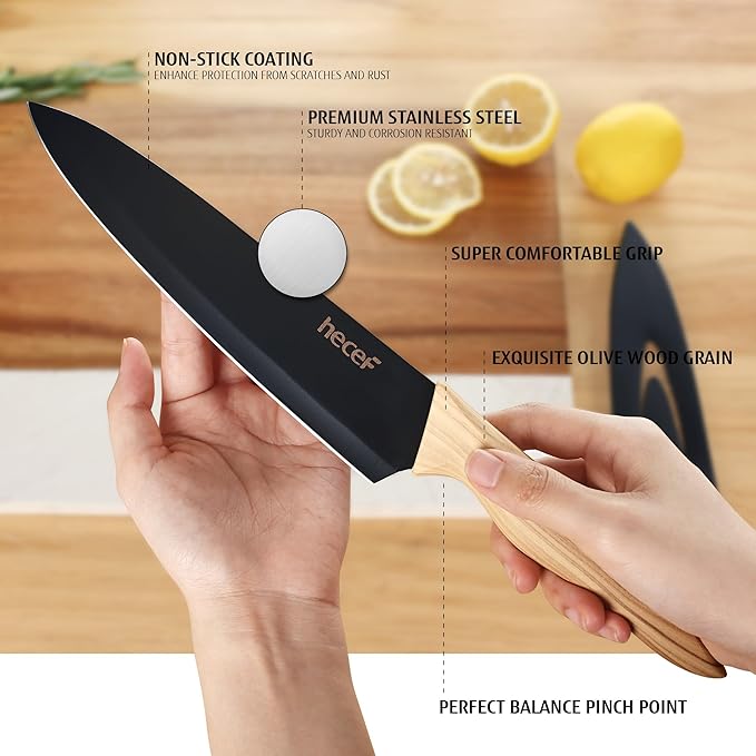 hecef Vintage Kitchen Knife Set of 6, Dishwasher Safe, Sharp Knives with Stainless Steel Blade, Lightweight Handle, Non-stick Coating Set Includes 7", 5", 3.5" Knives