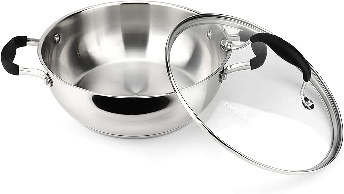 AVACRAFT 18/10 Stainless Steel Everyday Pan, Stir Fry Pan with Five-Ply Base, Chef’s Pan with Glass Lid, Multipurpose Stewpot Skillet, Saute Pan, Casserole in Pots and Pans (9 Inch)