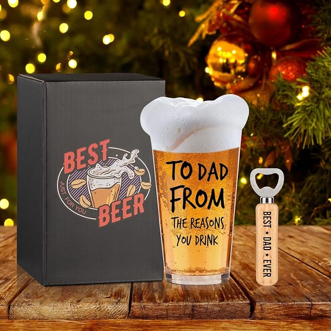 Father's Day Gifts For Dad: Funny Father's Day Beer Glass Gift Set With Wooden Bottle Opener & Greeting Card - Cool Unique Birthday Gift Idea Gifts For Dad Who Want Nothing