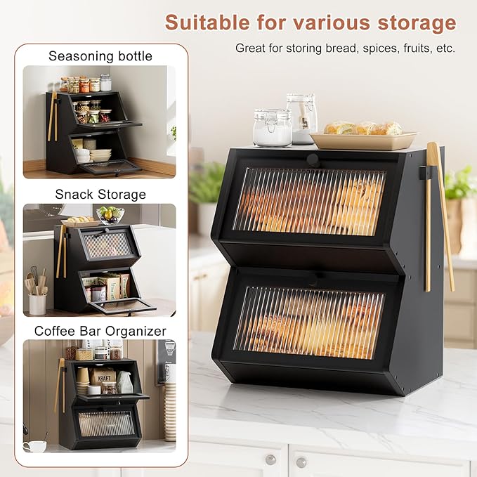 WOWLIVE Double Layer Bread Box for Kitchen Countertop, Large Bamboo Bread Storage Container for Homemade Bread, Farmhouse Bread Holder for Kitchen Counter Cabinet, Pantry, Cupboard (Black, Medium)