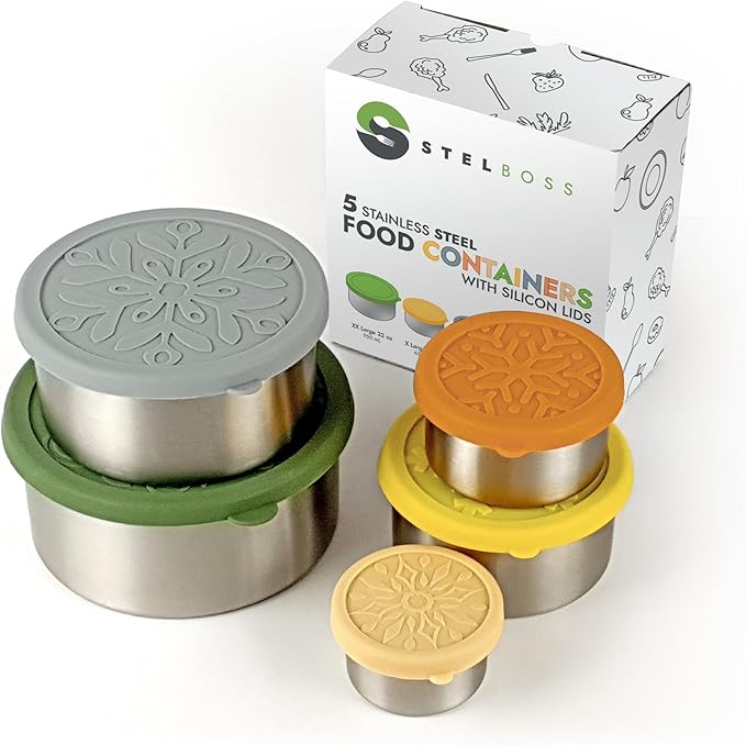 Stainless Steel Containers with Lids, Set of 5, Leakproof Stainless Steel Food Containers, Metal Food Storage Container, Stackable Toddler Snack Containers, Lunch Box Containers