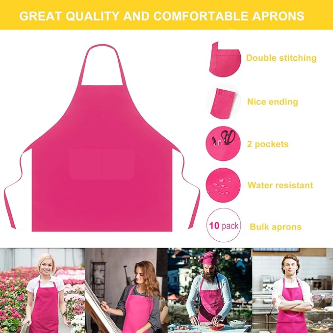 10 Pack Bib Pink Aprons Bulk for Women Girl Adult Painting BBQ Cooking Kitchen Baking with Pockets (10, Pink)