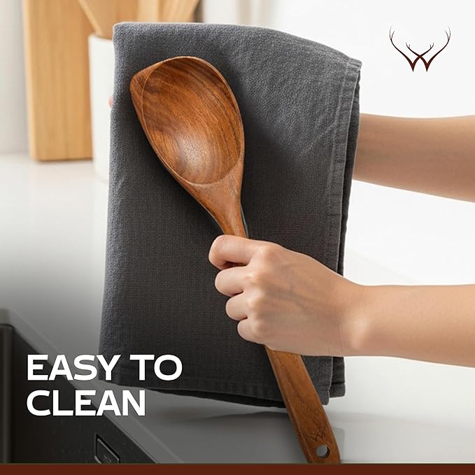 12 Inch Long Handle Teak Wooden Spoon for Cooking With Curved Corner for Complete Mixing - Comes with Large Teak Spoon Rest - This Wooden Spoons for Cooking made of Premium Natural Teak Wood