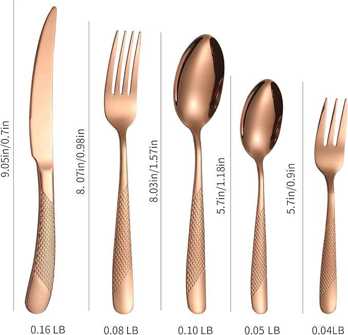 Hammered Flatware Set Copper/Rose Gold Silverware 20 Piece Stainless Steel Service for 4 Forks Knives Spoons Heavy Thickened Handle Elegant Modern Design Kitchen Use Festival Parties…