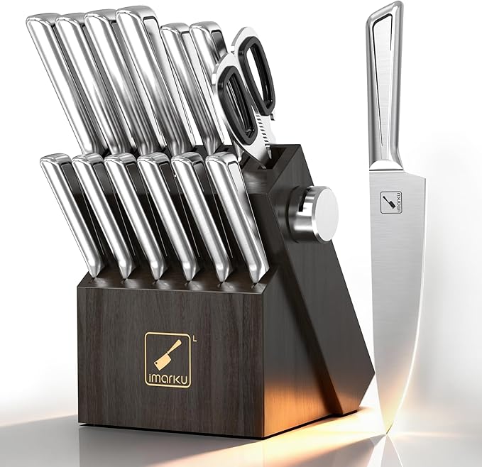 imarku Knife Kitchen Sets, Japanese Stainless Steel 14 Pcs Knife Block Set,Chef Knives with Built-in Sharpener, Dishwasher Safe, Non-Slip Ergonomic Handle,Deba Knife for Fish, Essential Home Gift