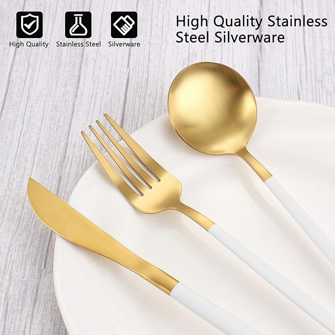 Matte White Gold Silverware Set, 40-Piece Stainless Steel Flatware Set, Satin Finish tableware Cutlery Set, Service for 8, Home and Restaurant, Dishwasher Safe