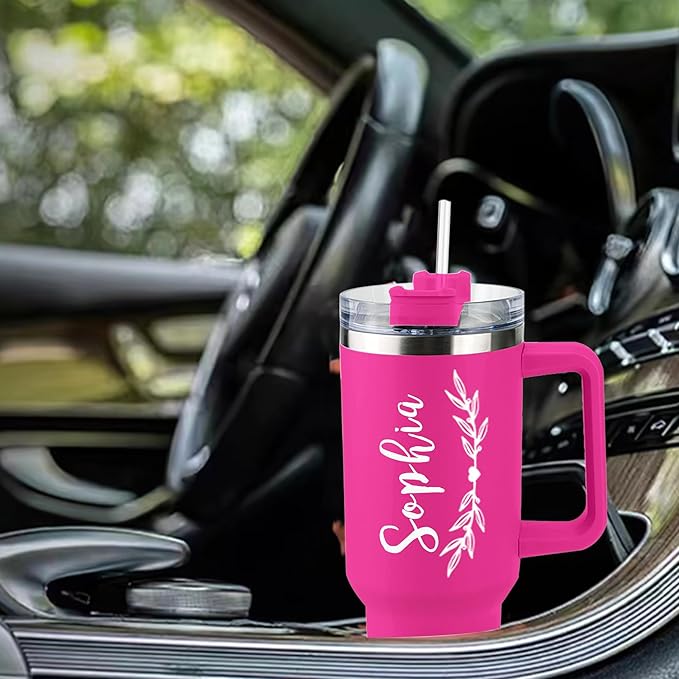 ThermoThrill Ships Next Day, Personalized 40 Oz Tumbler with Handle and Straw Custom Tumbler with Text Stainless Steel Mug Birthday Gifts for Women