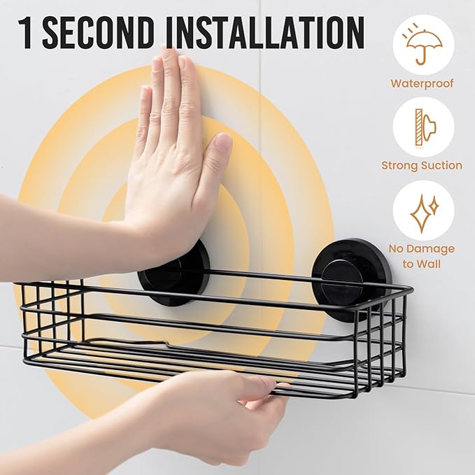 LEVERLOC Shower Caddy Suction Cup, 3 Pack Heavy Duty Bathroom Organizer for Inside Shower with Hooks & Soap holder, Removable Bathroom Holder, Rustproof Black Storage